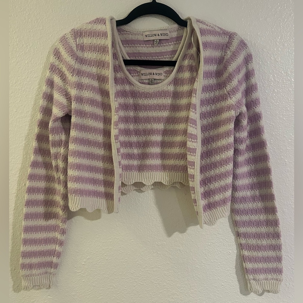 Willow & Wind Lavender & White stripe Cardigan Knit Sweater and tank Set! EUC